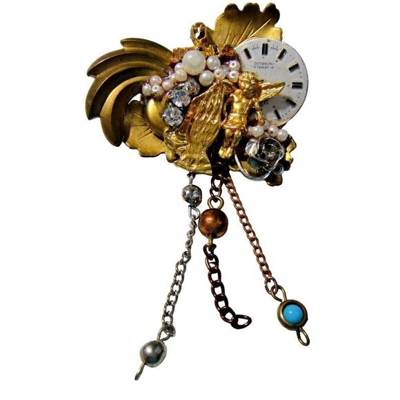 Artsy Pin Jesus Praying Hands Cherub Faux Clock Pearls Crystals Beaded Drops - Picture 1 of 4